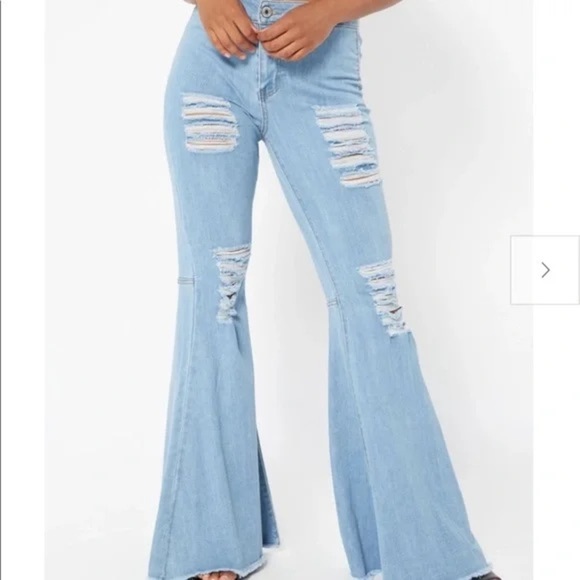 Women's Blue Distressed Flare Jeans - Picture 1 of 9